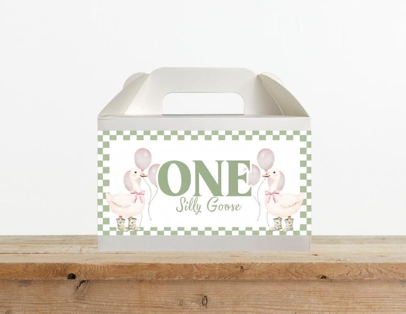 Etiqueta para caja de cartón con diseño de ganso tonto - Descarga digital - Recuerdos para fiestas infantiles - Rosa y verde imagen 4