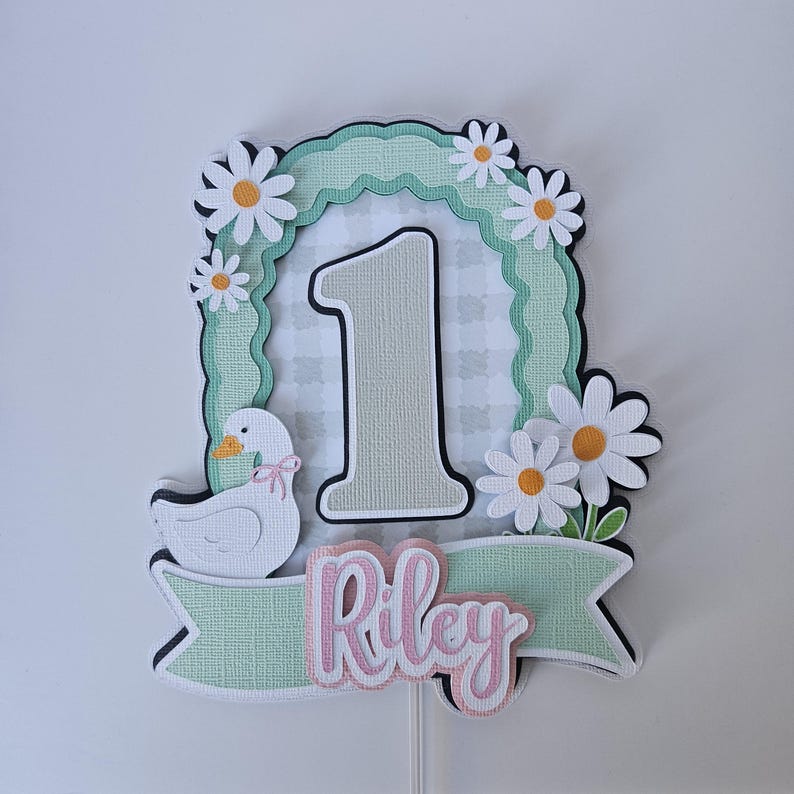 Taarttopper met een gekke gans | Gans-taartdecoratie voor de eerste verjaardag | Verjaardagsfeestdecoratie | Taarttopper met gepersonaliseerde naam en leeftijd afbeelding 5