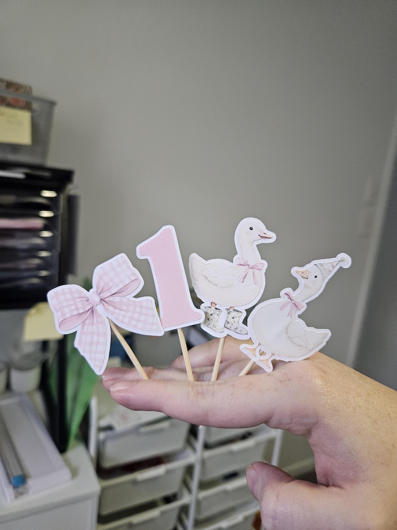 Puede incluir: Cuatro adornos decorativos para tartas sobre palitos de madera. Los adornos incluyen un lazo rosa a cuadros, el n&uacute;mero "1" y dos ilustraciones de gansos con lazos y sombreros. Los adornos son de color rosa claro y blanco.