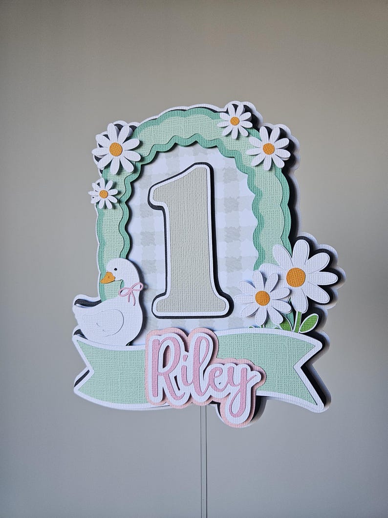 Taarttopper met een gekke gans | Gans-taartdecoratie voor de eerste verjaardag | Verjaardagsfeestdecoratie | Taarttopper met gepersonaliseerde naam en leeftijd afbeelding 7