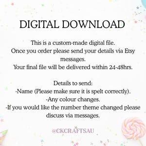 Op de afbeelding: Een digitale download instructiekaart met zwarte tekst op een witte achtergrond met kleurrijke confetti. De tekst luidt: DIGITAL DOWNLOAD, This is a custom-made digital file. Once you order please send your details via Etsy messages. @CKCRAFTSAU.