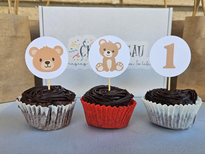 Teddy Bear Cupcake Toppers | Bear Birthday Party Supplies | Kids Party Decor | Beary Cute 1st Birthday Theme | Baby Shower Theme image 4