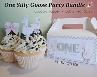 Paquete de fiesta "One Silly Goose" / Adornos para cupcakes, cajas con forma de casita, decoraciones de cumpleaños