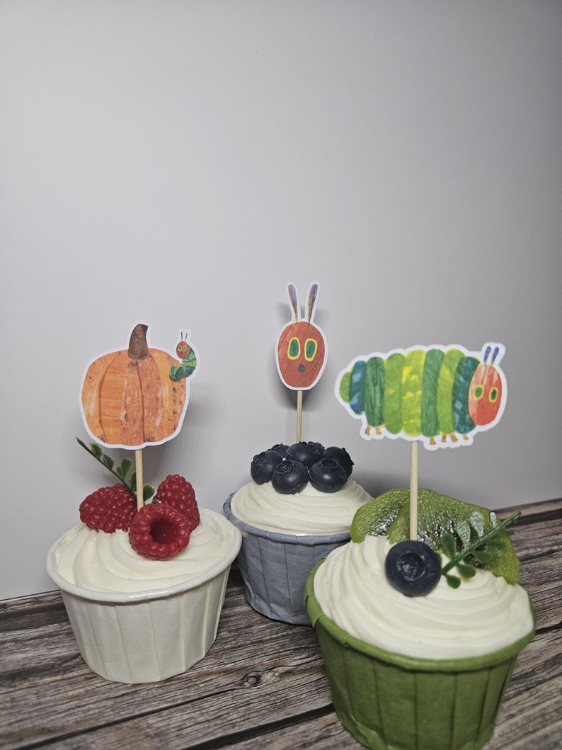 Hungry Caterpillar Cupcake Toppers, Caterpillar Birthday Party Decorations, Kids Party Decor, Storybook Birthday, Book Party Theme, Fruit image 3