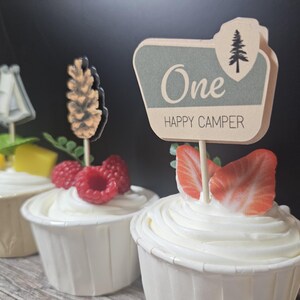 May include: Cupcakes with white frosting, topped with fruit and decorative toppers. One cupcake has a sign that reads "One HAPPY CAMPER" with a tree graphic. Other toppers include a pinecone and a tent. The cupcakes are in white paper cups.