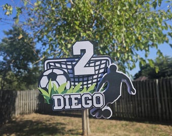 Adorno personalizado para tarta de fútbol, adorno personalizado para tarta de fútbol, nombre y edad, decoración para fiesta de cumpleaños deportiva, temática de fútbol para niños y niñas.