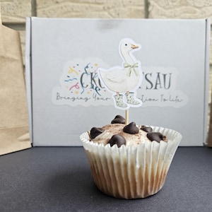 Puede incluir: Un cupcake con chispas de chocolate y un adorno de ganso. El ganso lleva botas de agua y un lazo. Una caja blanca con una pegatina y el texto "CK'SAU Bringing Your Vision to Life" en el fondo.