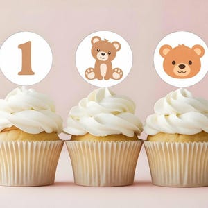 Cupcakes with 3 toppers, 2 bears and number 1