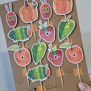 The Hungry Caterpillar Cupcake Toppers – First Birthday Party Decorations – Eric Carle Inspired Party – Caterpillar Theme Toppers – Handmade