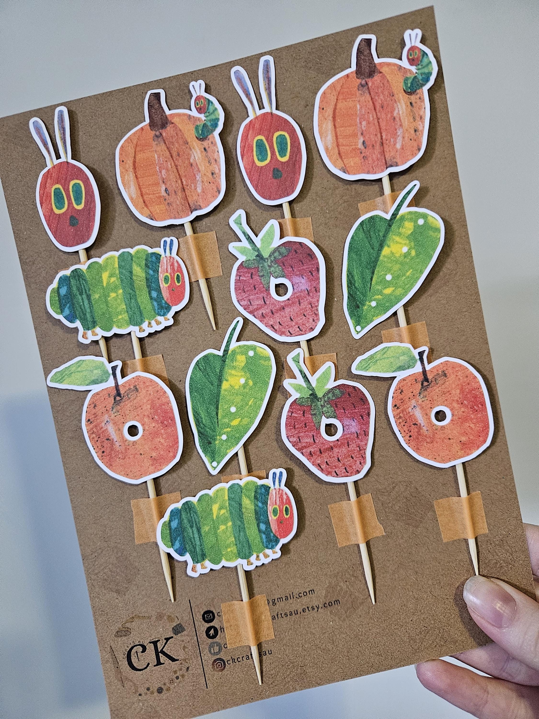 The Hungry Caterpillar Cupcake Toppers – First Birthday Party Decorations – Eric Carle Inspired Party – Caterpillar Theme Toppers – Handmade