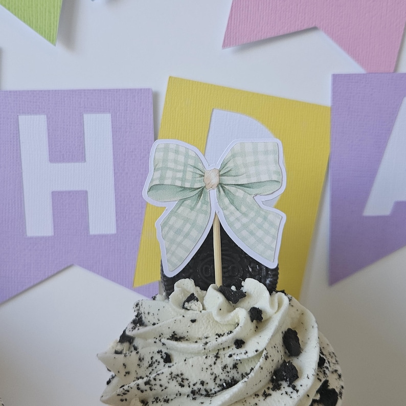 May include: A cupcake topper featuring a light green and white gingham patterned bow on a wooden stick, inserted into a cupcake with white frosting and dark cookie crumbles, set against a background of colorful paper birthday banner flags.