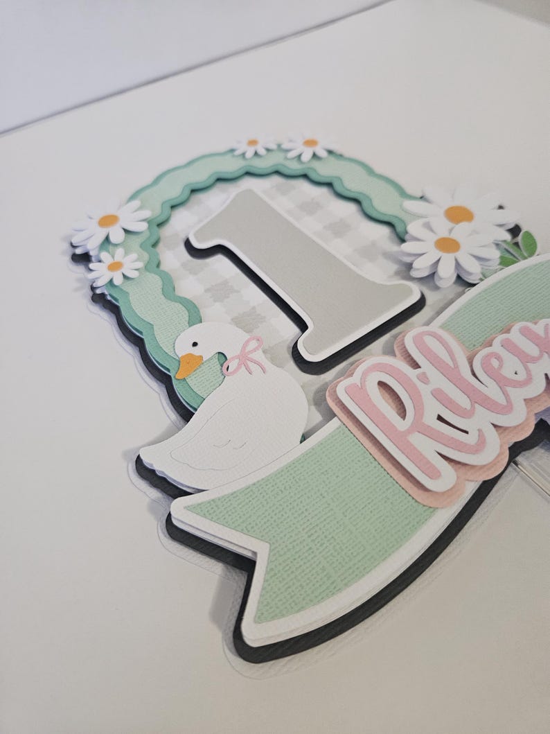 Taarttopper met een gekke gans | Gans-taartdecoratie voor de eerste verjaardag | Verjaardagsfeestdecoratie | Taarttopper met gepersonaliseerde naam en leeftijd afbeelding 4