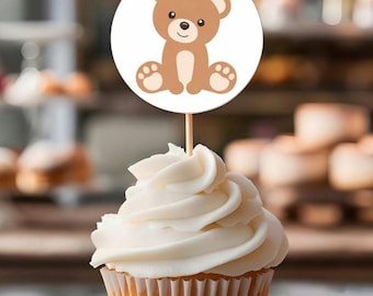 Digitale downloadsjabloon teddybeer cupcake toppers | Bewerkbaar verjaardagsfeestje decor | Afdrukbaar | Decoratie kinderfeestje