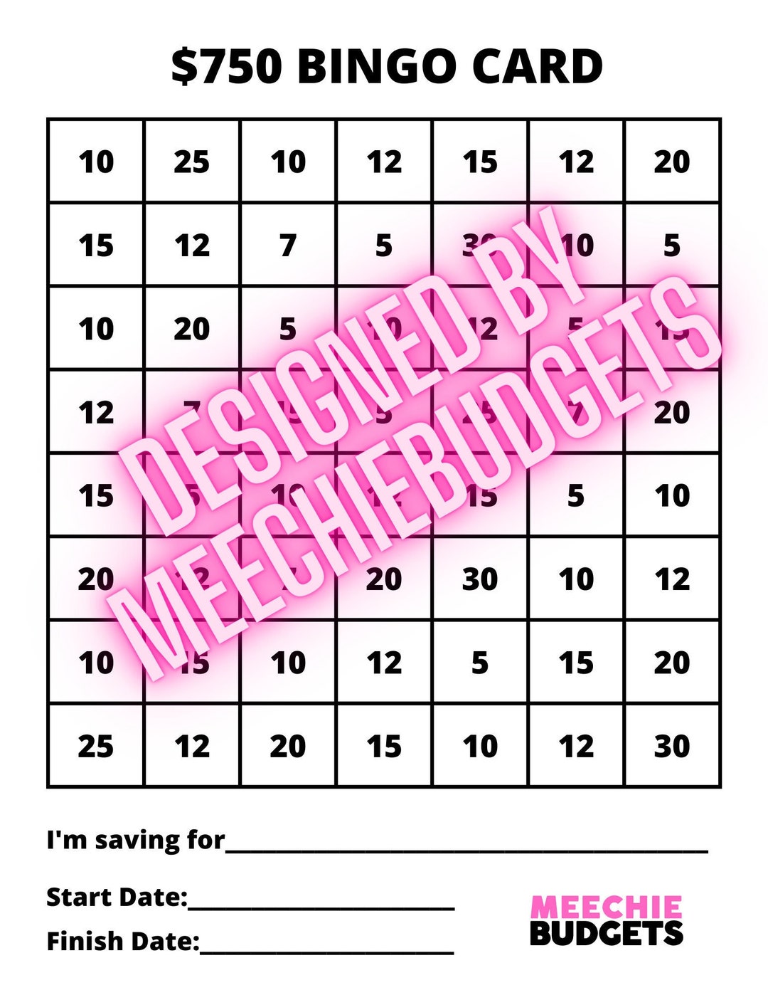 Digital 750 Dollar BINGO Tracker Savings Challenge Etsy