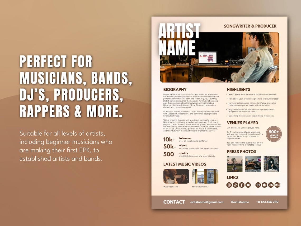Electronic Press Kit Bundle | 1-page EPK for Musicians, Rappers, Singer ...