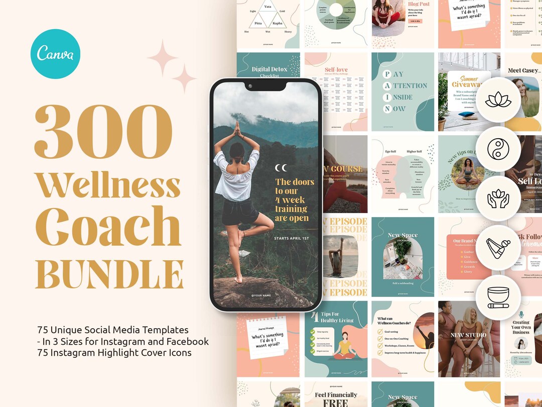 300 Wellness Coach Bundle | Colorful Canva Templates | Health ...