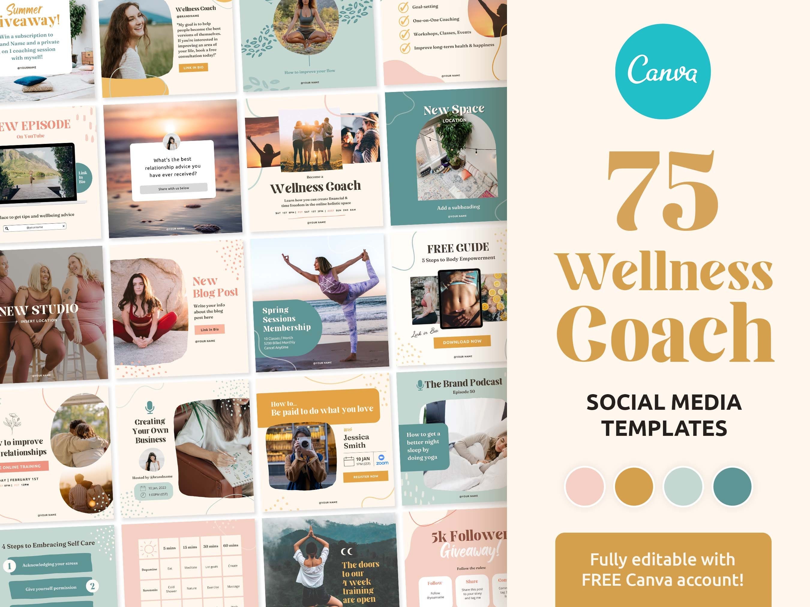 75 Wellness Coach Instagram Posts | Colorful Square Canva Templates ...