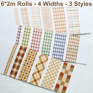 Lot de 6 x 2 m de ruban adhésif en Washi, formats fin/standard/large pour journalisation/scrapbooking, styles vichy, dimensions : 0,5 mm x 1, 1 cm * 1. 1,5 cm*2, 2 cm*2