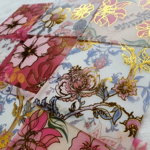 Achtergrondpapier decoupage, bloemen, gouden rand, doorschijnend velijnpapier, 8 x 8 cm (3 x 3 inch), 5 ontwerpen, set van 10 - 2 stijlen - kaarten maken