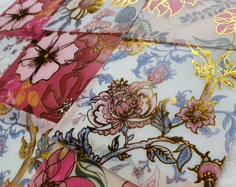 Decoupage Background Paper, Floral, Gold Outline, Translucent Vellum Paper, 8*8cm (3*3&quot;), 5 Designs, Pack of 10 - 2 Styles - Card Making