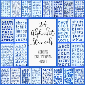 Journal Stencils: 24 Alphabets, Modern, Funky, Traditional - Flexible Mylar - 10*18cm(4*7") - 24 Sheets - Card Making, Junk Journaling, Bujo