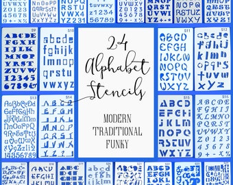 Journal Stencils: 24 Alphabets, Modern, Funky, Traditional - Flexible Mylar - 10*18cm(4*7") - 24 Sheets - Card Making, Junk Journaling, Bujo