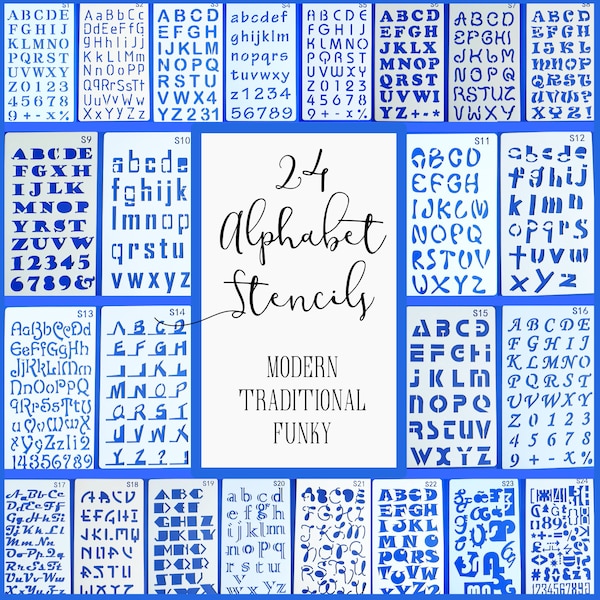 Pochoirs pour carnets : 24 lettres de l'alphabet, moderne, original, traditionnel - Mylar flexible - 10 x 18 cm (4 x 7 po.) - 24 feuilles - fabrication de cartes, journal indésirable, bujo