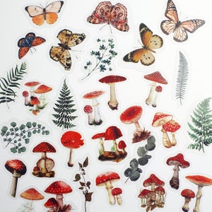 Stickers champignons : champignon vénéneux, amanite mouche, papillon et feuilles, 20 modèles uniques, stickers forêt, stickers déco, 2 frais de livraison internationaux