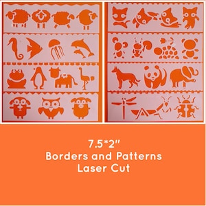Stencilpakket voor muren, meubels, journaling, 8 stuks/verpakkingen, randen en leuk patroon, kinderknutsels, kaarten maken, dier/fantasie/botanisch/bloemen