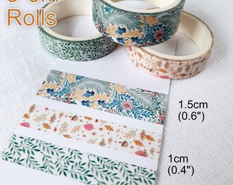 Washi Tape, Set of 3, 3*3m, two sizes per pack (1.5cm*1, 1cm*2), Floral or Geometric. 9m of thin Decorative Tape for Journaling/Scrapbooking