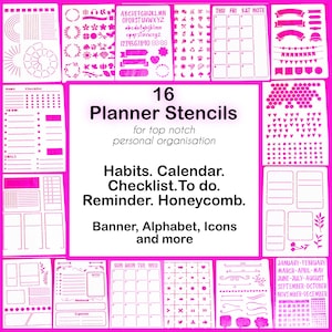 16 Planner Stencil Set, Journal Template für Bujo, A5 - Monat, Gewohnheit, Wabe, Checkliste, To Do, Alphabet, 2 internationale Versandkosten