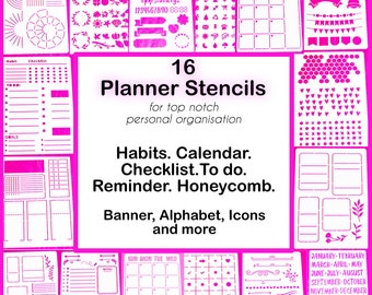 16 Planner Stencil Set, Journal Template for Bujo, A5 - Month, Habit, Honeycomb, Checklist, To Do, Alphabet, 2 int'l shipping rates