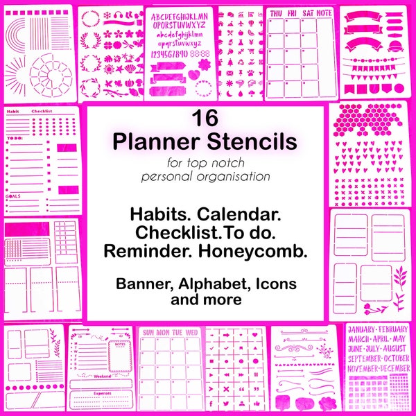 16 Planner Stencil Set, Journal Template for Bujo, A5 - Month, Habit, Honeycomb, Checklist, To Do, Alphabet, 2 int'l shipping rates