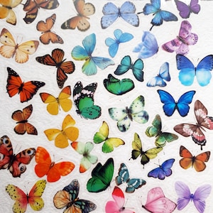 Ensemble d'autocollants papillons, lot de 50, couleurs multicolores, style aquarelle, ajoutez une touche de nature à votre journal, téléphone, cartes ou ordinateur portable !