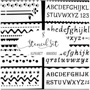 Stencil for Journaling, Set of 8, 4 Alphabets, 10 Edges, 15 Patterned Dividers, Handy to Organise a Bujo, 5.5*18.5cm (7.5&quot;2.5&quot;)