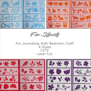 Stencil Pack for Walls, Furniture, Journaling, 8x/packs, Borders and Fun Pattern, Kids' Craft, Card Making, Animal/Fantasy/Botanical/Floral