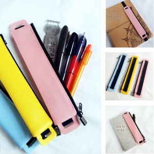 Bright Pen Holder, Large: can hold 4 Pens and a Ruler, Straps to Journal Cover, Bookmark, 19*4cm (7.5*1.5"), Zip, Vegan Leather