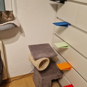 May include: A gray cat tree with a gray platform and a cylindrical tunnel. The cat tree is next to a white dresser with colorful paper cutouts attached to the drawers. A gray cat is sleeping on a gray cat bed.