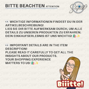 Peut inclure: Une illustration de dessin anim&eacute; d'une personne portant des lunettes et un grand sourire, avec le texte "Bitte beachten" et "Attention" au-dessus de la personne. Le texte sous la personne dit "Wichtige Informationen findest du in der Artikelbeschreibung! Lies sie dir bitte aufmerksam durch, um alle Details zu unseren Produkten zu erfahren. Dein Einkaufserlebnis ist uns wichtig!" et "Important details are in the item description! Please read it carefully to get all the insights about our products. Your shopping experience matters to us!"