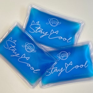 May include: Three rectangular, clear plastic ice packs filled with blue liquid. Each pack has the words "Stay Cool" in white script, along with a logo and website address. The packs are arranged on a white surface.