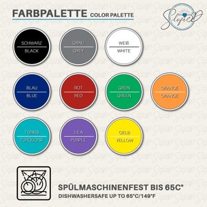 May include: A color palette with the text "Color Palette" and "Dishwasher Safe Up To 65&deg;C/149&deg;F". The palette features circles in black, grey, white, blue, red, green, orange, turquoise, purple, and yellow.