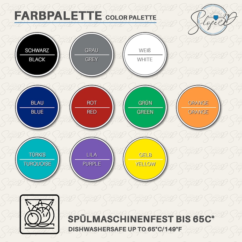 May include: A color palette with the text "Color Palette" and "Dishwasher Safe Up To 65&deg;C/149&deg;F". The palette features circles in black, grey, white, blue, red, green, orange, turquoise, purple, and yellow.