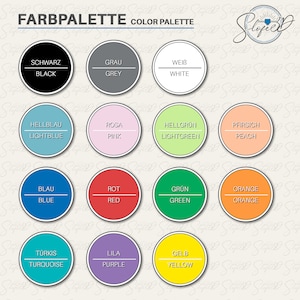 May include: Color palette chart with 12 color swatches in circles. Each circle has a German and English word for the color. The colors are black, gray, white, light blue, pink, light green, peach, blue, red, green, turquoise, purple, and yellow.