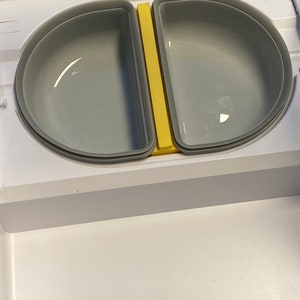 Peut inclure: Une bo&icirc;te &agrave; lunch en plastique blanche avec deux compartiments gris et une cloison jaune. Le couvercle a un loquet.