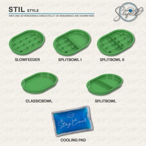 May include: An image showcasing several green pet bowls, including a slow feeder and split bowls, alongside a blue cooling pad with the text "Stay Cool". The bowls are oval-shaped and made of plastic.