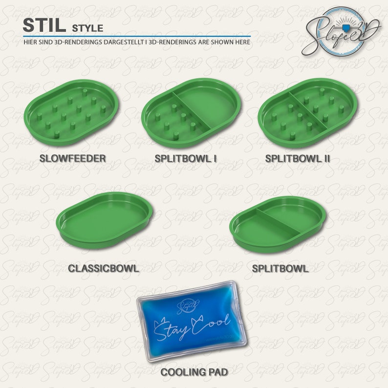 May include: An image showcasing several green pet bowls, including a slow feeder and split bowls, alongside a blue cooling pad with the text "Stay Cool". The bowls are oval-shaped and made of plastic.