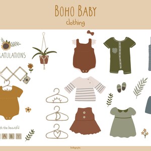 May include: Boho baby clothing illustration with a variety of outfits, including a brown onesie, a green onesie, a striped onesie, a striped long-sleeved shirt, a brown skirt, a green dress, blue overalls, and blue shorts. The illustration also includes a hanging plant, a wooden rack with a camera, and various flowers and leaves.