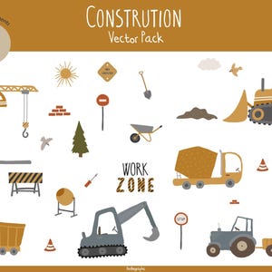 Puede incluir: Un conjunto de 27 ilustraciones con temática de construcción, que incluyen una grúa, una excavadora, una mezcladora de cemento, una excavadora y un camión volquete. Las ilustraciones son de estilo de dibujos animados y presentan colores brillantes, como amarillo, naranja y azul. El conjunto también incluye varias señales de construcción, como "Zona de trabajo" y "Alto".