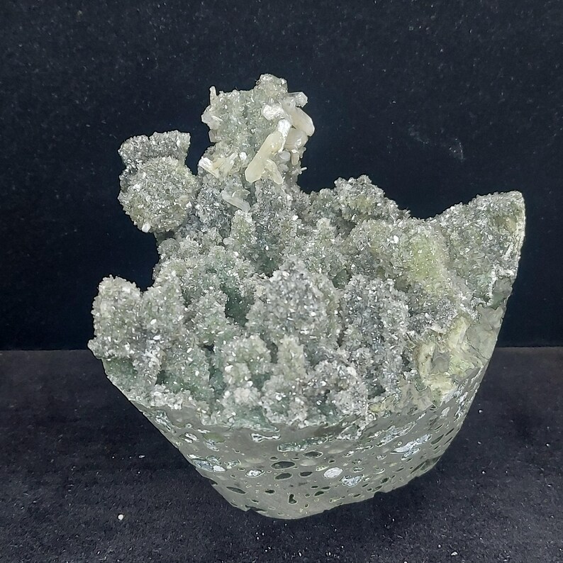 Natural green chalcedony druzy crystal cluster side view