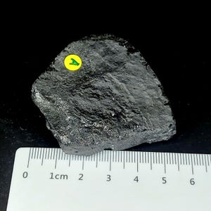 Natural black tourmaline rough stone photographed on black background with ruler for scale